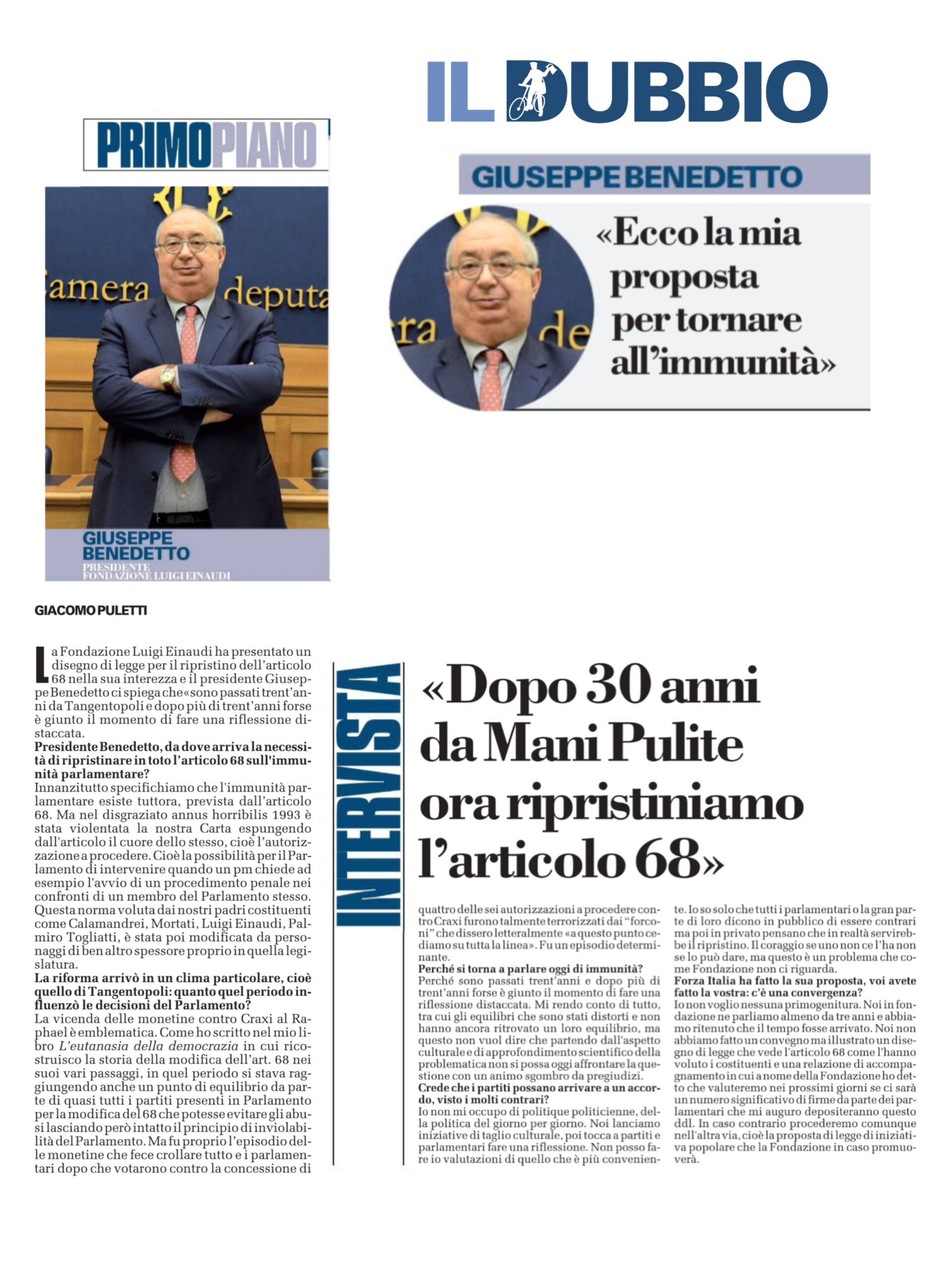 Dopo 30 anni da Mani Pulite ora ripristiniamo l’articolo 68